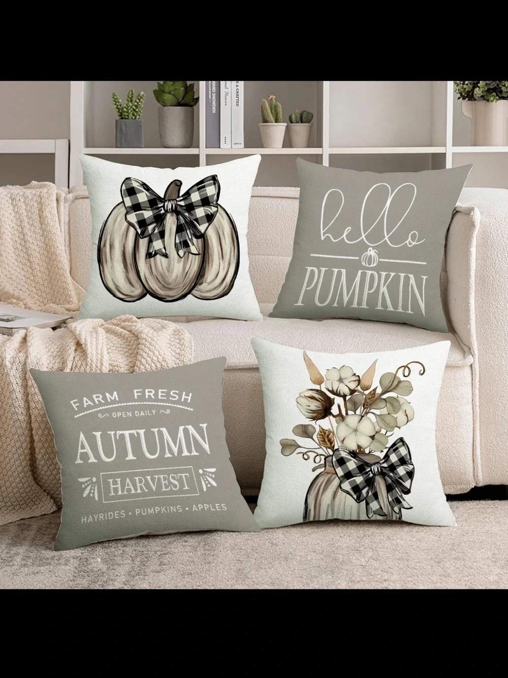 NWT- Fall Pumpkin Decorative LINEN Throw Pillow Covers Set of 4- 18x18